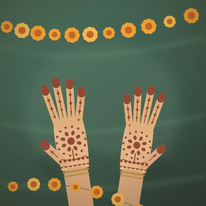Illustration of two hands painted with mehendi, beside a marigold garland