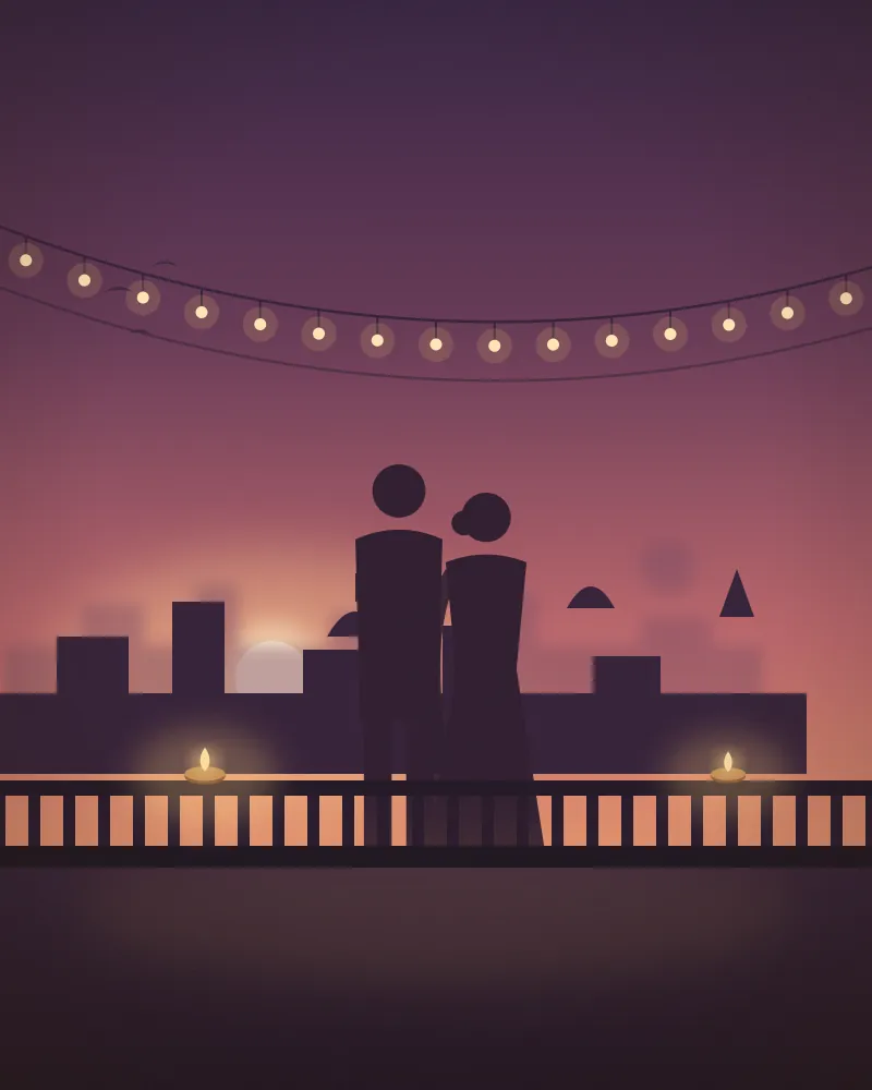 Illustration of the couple on a rooftop at dusk, under a strand of lights
