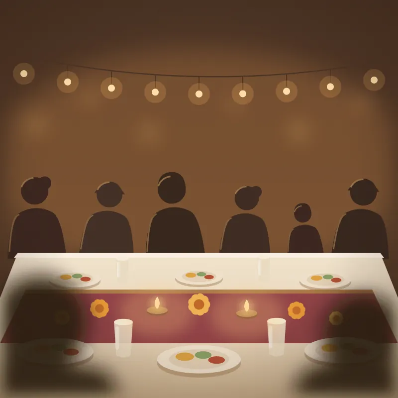Illustration of the family gathered around a long table, late in the evening
